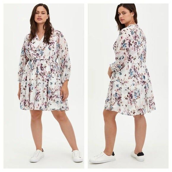 Torrid Ivory Floral Chiffon Clip Dot Skater Dress - Picture 2 of 3